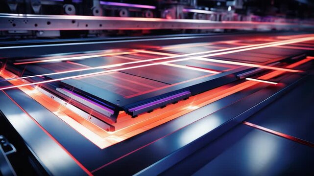 Microchip production line featuring advanced laser lithography and glowing red light, illustrating modern industrial technology, electronics fabrication, and precision engineering