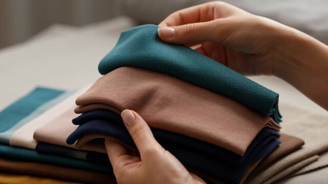 Female hands hold a stack of fabric samples indoors. A close-up shot demonstrating precision and expertise. Interior design, textile industry, material selection.