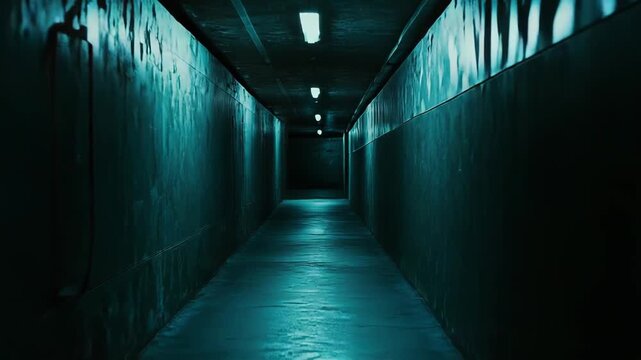 Dark narrow corridor featuring a long perspective and illuminated by fluorescent lights along the ceiling, creating an eerie and mysterious atmosphere