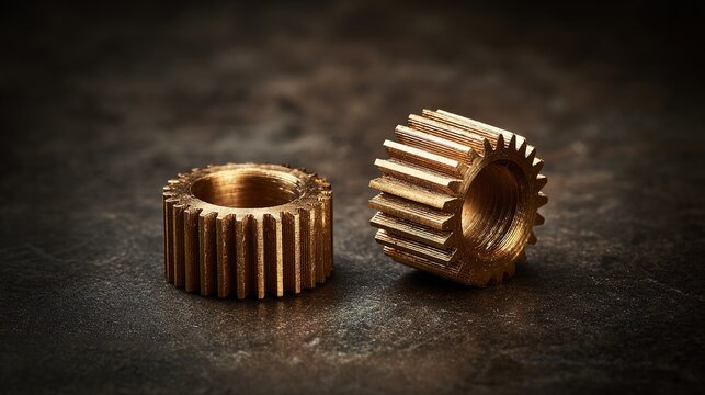 interlocked. Two interlocked brass gears turning against a dark, blurred background. safety posters, maintenance manuals, designed for precision metalworking and fabrication facilities.