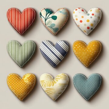 Collection of multicolored heart shapes with fabric textures, patchwork designs featuring dotted and striped patterns, visible stitching, playful craft aesthetic on a neutral background