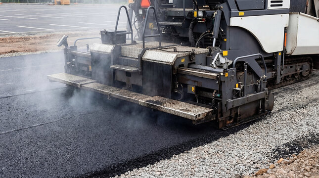 Modern Workers lay down asphalt in parking lot