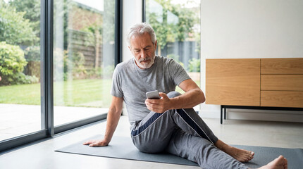 Fototapeta premium Elderly man relaxing, checking phone, on yoga mat, in a modern room