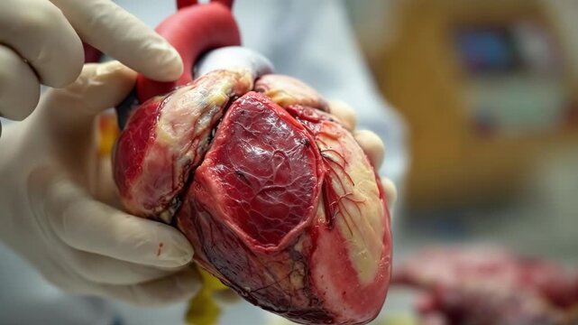 A close-up view of a human heart being examined in a lab.