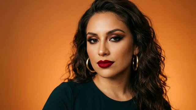 Glamorous woman with bold red lipstick and dramatic eye makeup posing with golden hoop earrings