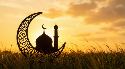 Obraz premium A beautiful silhouette of a mosque and an ornate crescent moon in a field during a vibrant golden sunset. Ideal for Ramadan Kareem, Eid Mubarak, and Islamic religious celebrations