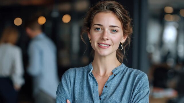 Confident young businesswoman in blue shirt stands in modern office, showcasing professionalism and leadership during daytime hours