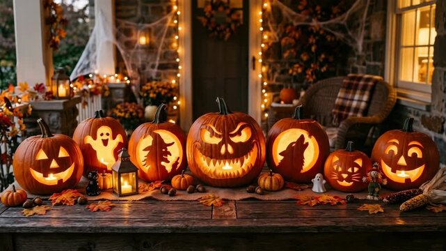 Carved Halloween pumpkins lit with candles on a porch with autumn decorations