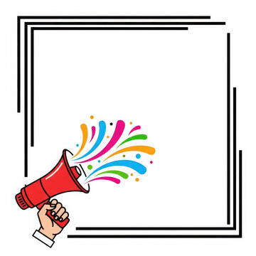 A hand holding a red megaphone with colorful confetti and a black border on isolated transparent background