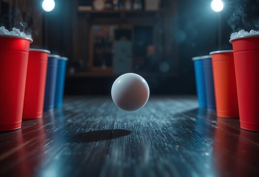 A single white ping pong ball suspended in the air between two rows of colorful party game cups. beer pong
