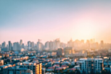Fototapeta premium Blurred cityscape at sunrise with soft pastel colors and bokeh.