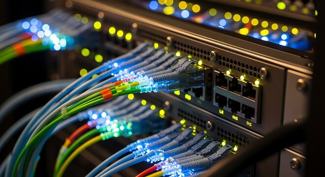 Close-up of network server with colorful ethernet cables and glowing lights
