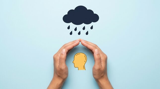 mental health, support, protection, resilience, depression, therapy, wellness concept with hands shielding a human head icon from a rain cloud, representing psychological safety.