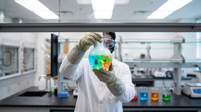 Scientist holding a colorful round-bottom flask in a laboratory
