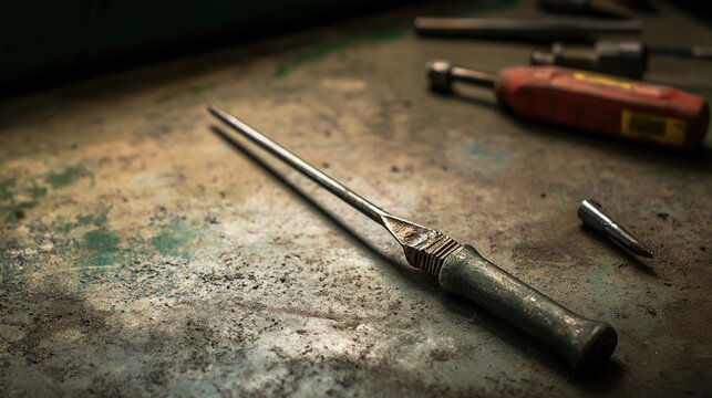 prying. Bent screwdriver tip used as pry bar, metal stress marks visible on tool bench. safety posters, maintenance manuals, designed for precision metalworking and fabrication facilities.