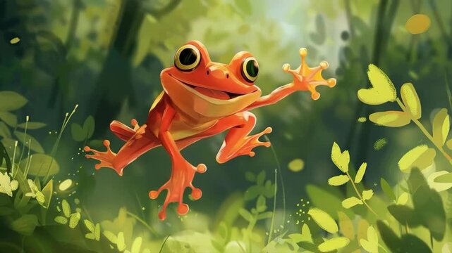 A cheerful, cartoon-style orange frog hops amongst the green foliage, creating a bright and cheerful background for children&rsquo;s books and educational materials about nature.
