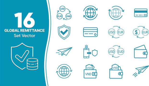 16 Global Remittance and Money Exchange Icon Set: International Currency Transfer, Digital Wallet Security, and Global Banking Symbols
