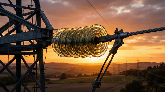 A close up of a high voltage glass insulator on a transmission tower against a golden sunset sky