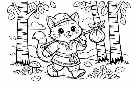 Adorable line art illustration of a smiling anthropomorphic cat in traditional tunic carrying a bindle along a path in a birch forest, ideal for kids? coloring and storybooks.