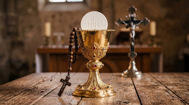 Eucharist Communion chalice with host, and rosary and cross in rustic church.