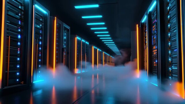 Neon cloud computing servers in a dark corridor illuminated by bright lights during a futuristic technology showcase