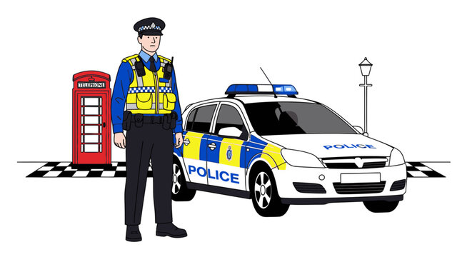Illustration of a police officer standing beside a police car and a red telephone booth on a checkered road with a street lamp in the background.