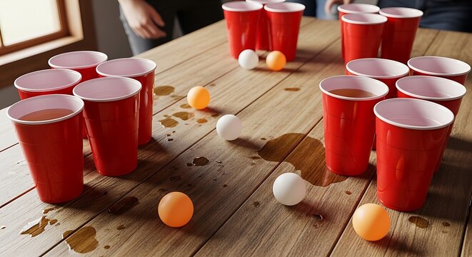 A high angle shot of an intense game of beer pong featuring red cups and balls on a wooden table. bierpong