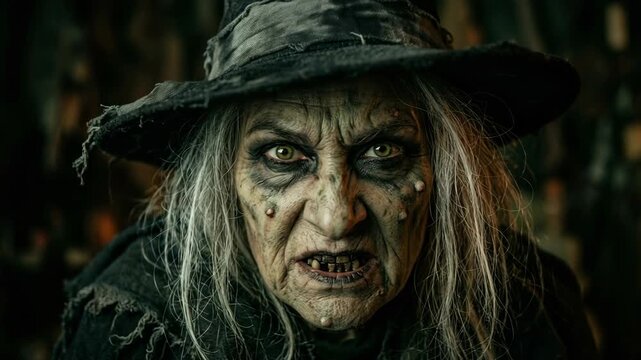 Scary old witch with weathered face and tattered hat casting an evil spell