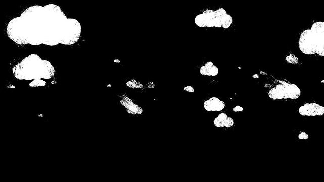 Clouds in the wind on a black screen. Concept of a cloudy sky clean surface. Doodle style Animation wind effect. 2D Animation, The effect of flying or free-falling among the clouds in a hand-drawn