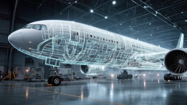 Futuristic aircraft design showcases advanced technology in a high-tech manufacturing facility during nighttime