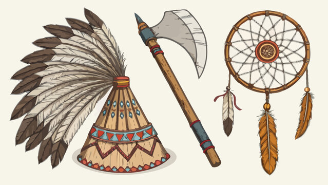 A colorful illustration of Native American cultural symbols including a headdress, tomahawk, and dreamcatcher.