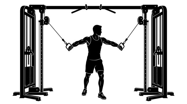 Silhouette of a man performing chest fly exercise on a cable machine, showcasing strength training and gym workout in a gym setting.