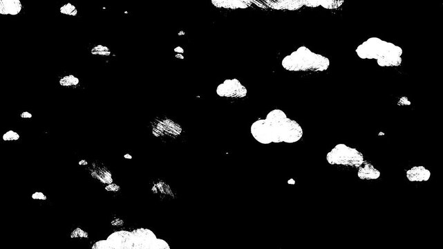Clouds in the wind on a black screen. Concept of a cloudy sky clean surface. Doodle style Animation wind effect. 2D Animation, The effect of flying or free-falling among the clouds in a hand-drawn