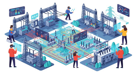 Fototapeta premium People Interacting with Futuristic Technology in a Digital Environment.