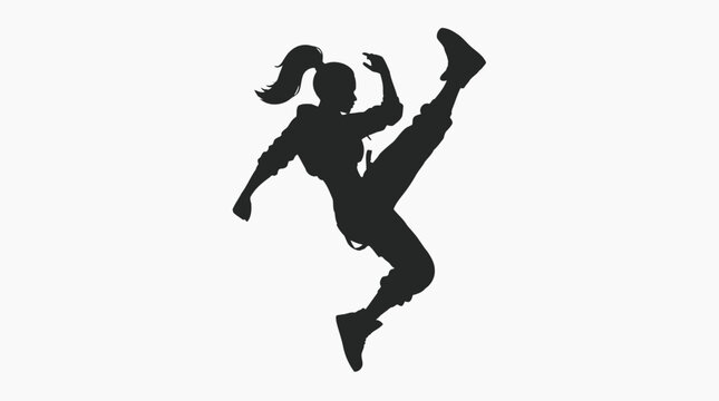 Energetic silhouette of a female dancer mid-air, executing a high kick during a dynamic hip-hop or street dance performance.