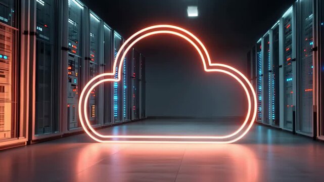 Neon cloud symbol glowing in a modern server room showcasing advanced cloud computing technology and infrastructure