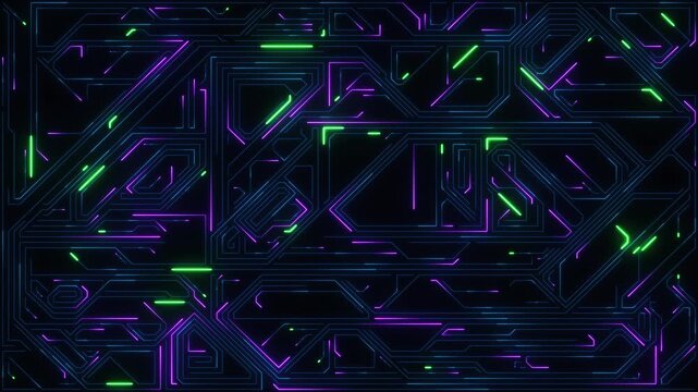 Digital Data moving on Circuit Board and CPU loop backgrounds. Computer Processing and organizing data. Abstract high tech Artificial intelligence (AI), data mining, neon glow pcb place for text 