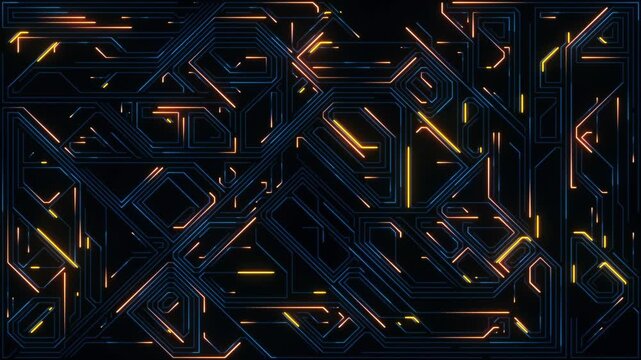 Digital Data moving on Circuit Board and CPU loop backgrounds. Computer Processing and organizing data. Abstract high tech Artificial intelligence (AI), data mining, neon glow pcb place for text 
