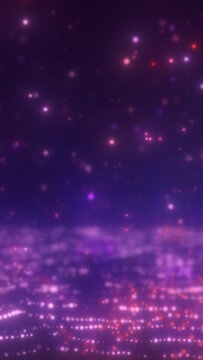 Purple starry bokeh with floating particles over blurred city lights, dreamy cinematic night background