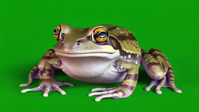 Close-up portrait of a green and brown tree frog perched on bright green leaf in studio lighting