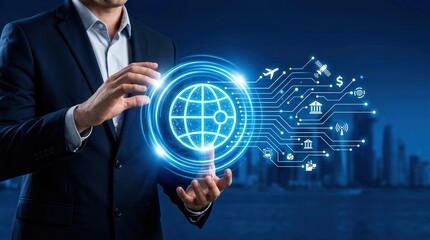 Global transaction, Digital economy, International business, Fintech, Connectivity, Network technology, Financial data visualization with businessman and futuristic globe hologram.