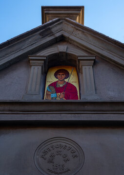 Icon of St. George on St. George's Church in Averoff Park in the village of Metsovo in the mountains of Epirus in Greece