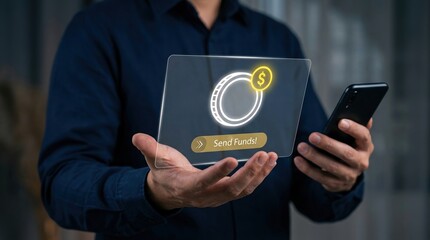 fintech, money transfer, digital payment, online banking, finance, technology, send funds concept with businessman holding holographic interface and smartphone for secure transactions