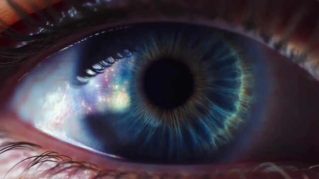 Eye human with blue iris and galaxy reflection in pupil detail featuring close-up, macro, cinematic with ultramacro and shot elements for vision,
