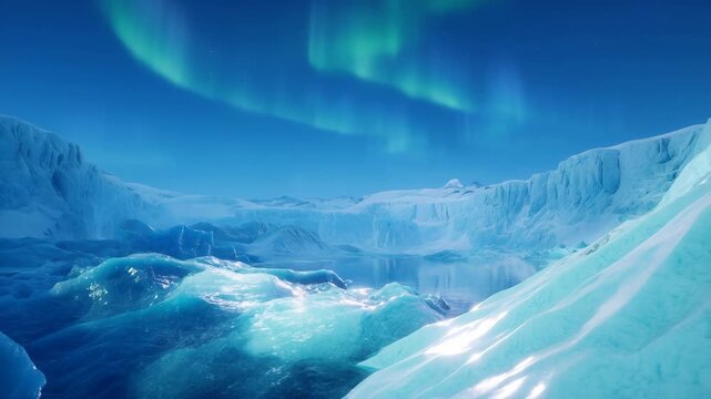 Glacier ice formation with aurora borealis display in polar region landscape featuring snow, frozen, cold with winter and Arctic elements for