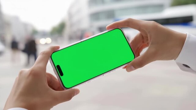 Smartphone with green screen in hands outdoors on city street with blurred background featuring chroma key, phone, mobile with device and technology