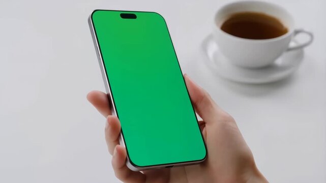 Phone with green screen held by a hand next to a cup of coffee featuring tea, white background, technology with device and mobile elements for