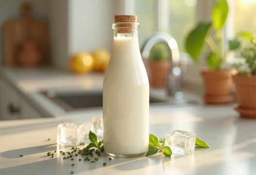 Kefir Probiotic Milk Bottle Kitchen Counter Clean Health Beverage Nutrient Drink Fermented