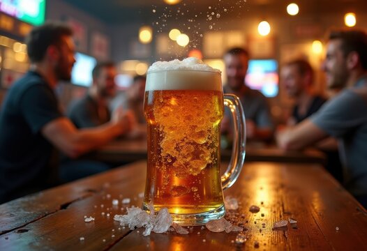 Overflowing Chilled Beer Mug Froth in Energetic Sports Pub Environment Lively Cheers Boisterous Crowd Atmosphere