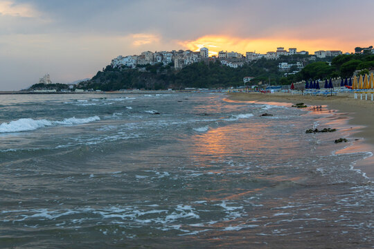  Sperlonga Lazio Italy  . The Italian resort town of Sperlonga can be seen from a cave that was once part of Roman emperor Tiberius's villa. Sunset view.